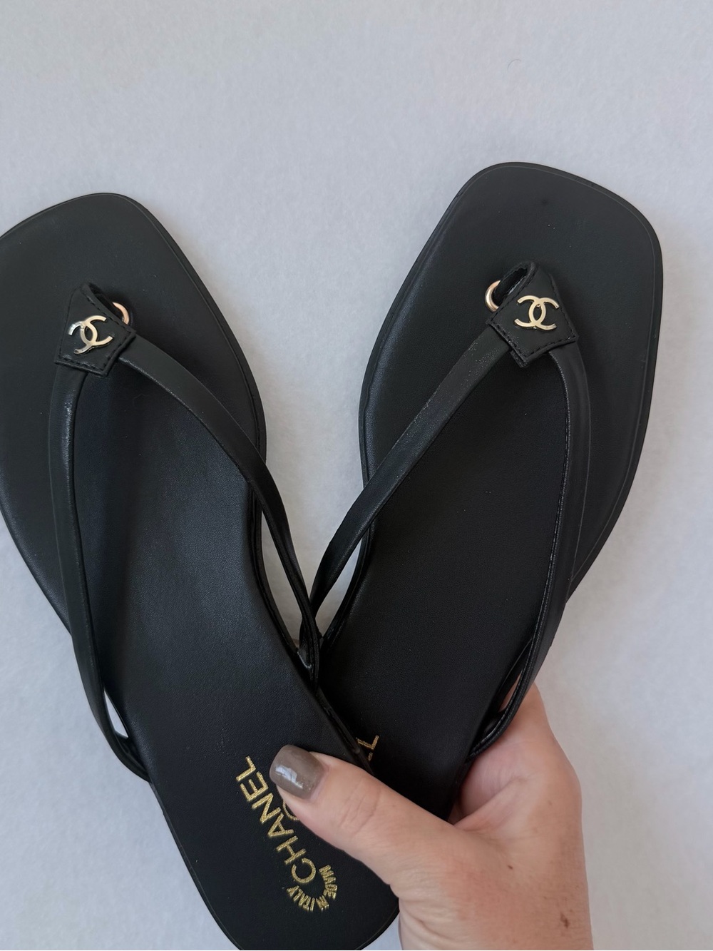 CHANEL Black and Gold Logo Thong Sandals